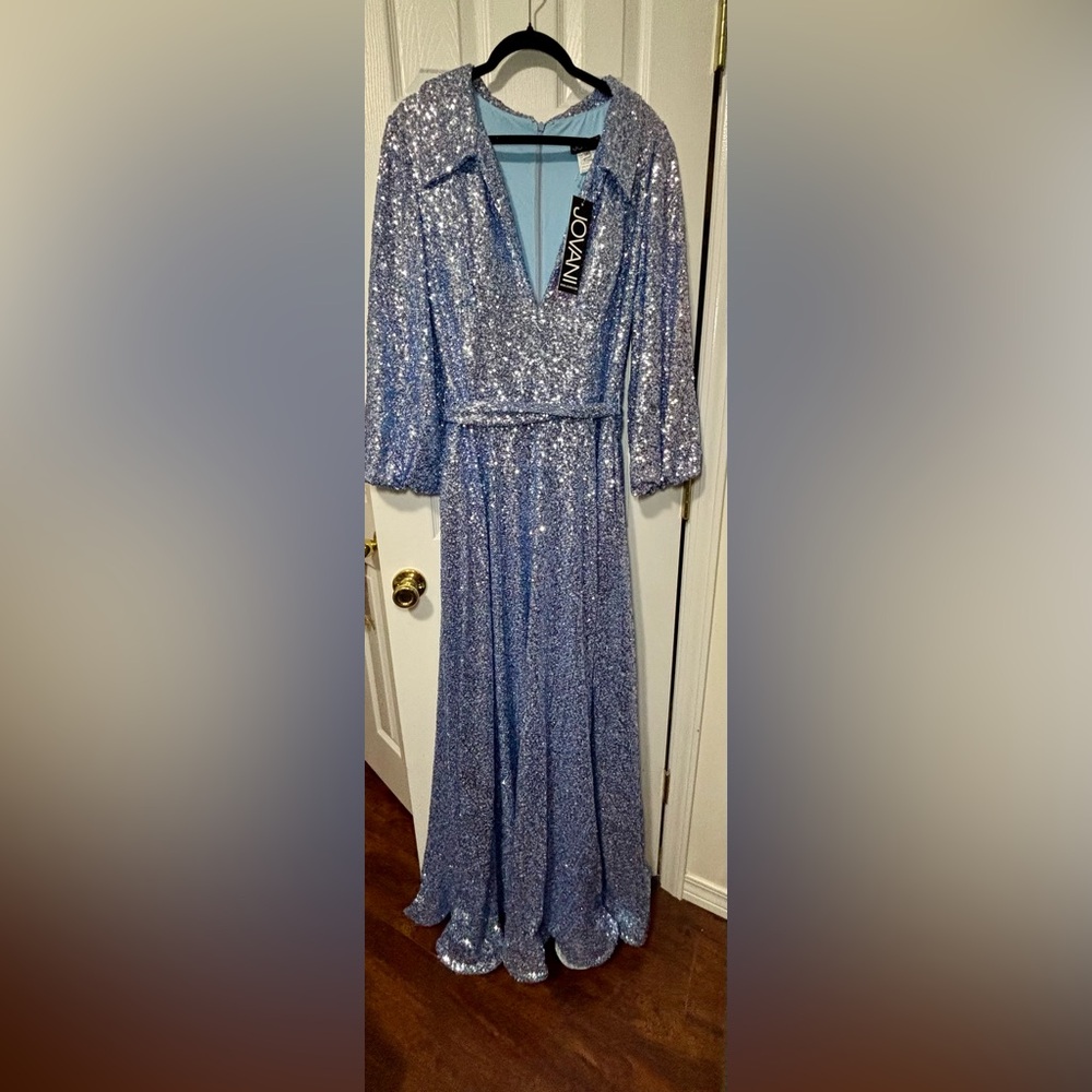 NWT JOVANI SZ 14 Blue Formal W/ V Neck Puff Sleeve & Tie Back #25950